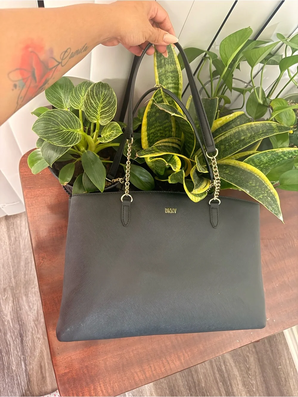 DKNY Black Tote with Gold Chain-Strap